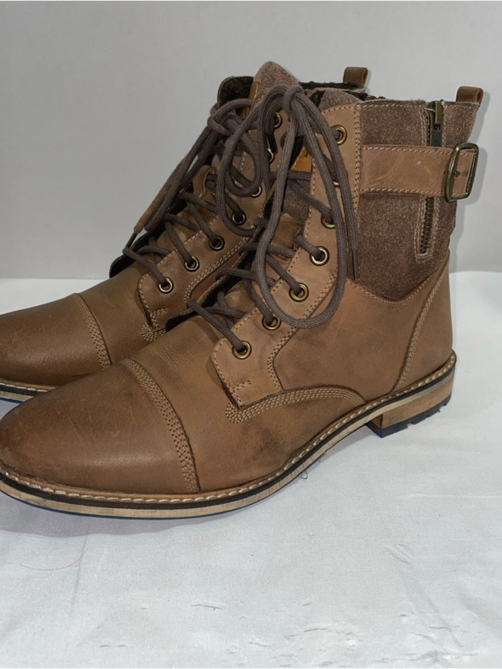 Franco Fortini Mens Tan‎ Brown Cap Toe Combat Boots Dual Side Zip Buckle Detail